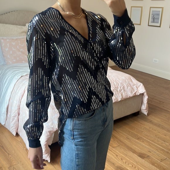 WAYF Sheer Sequin Navy Blue Wrap Top size medium - Picture 6 of 12